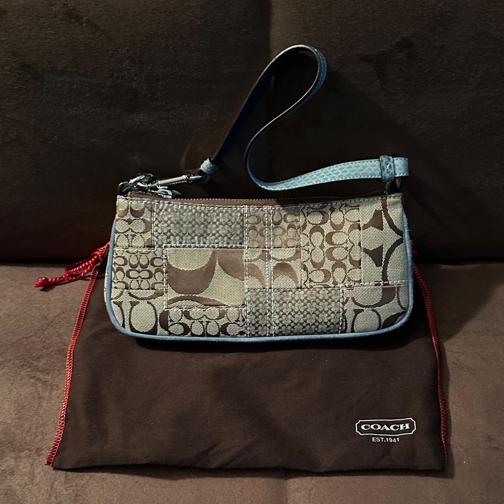 Coach Patchwork Wristlet in Blue and Tan